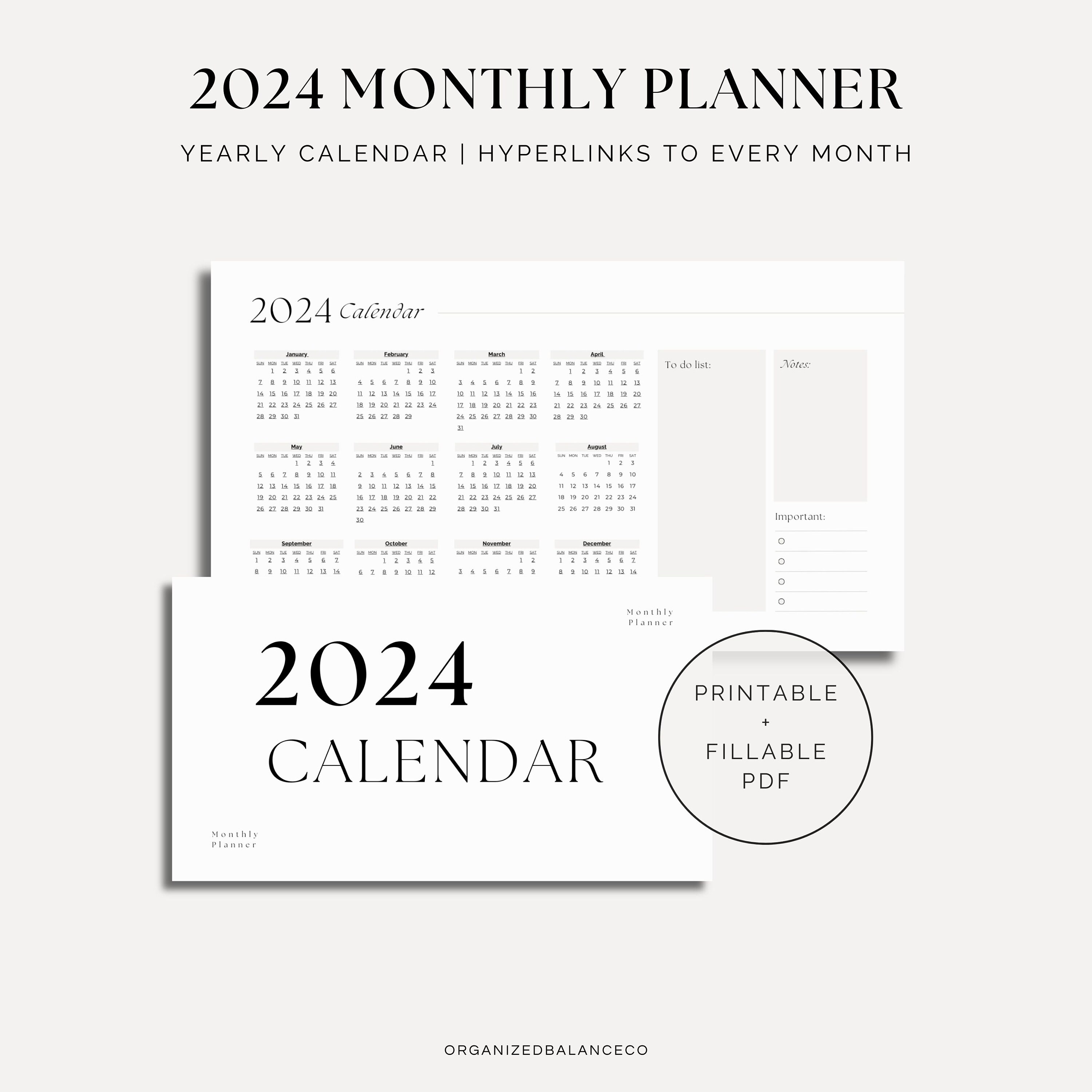 2024 Monthly Planner, Printable Wall Calendar, Hyperlinked (digital