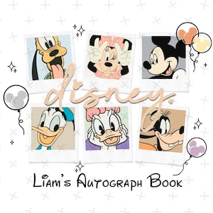 Pode incluir: Um fundo branco com uma colagem de personagens da Disney em molduras Polaroid. Os personagens incluem Mickey Mouse, Minnie Mouse, Donald Duck, Daisy Duck, Pateta e Pluto. O texto "Disney" está escrito em uma fonte cursiva no topo da colagem. O texto "Liam's Autograph Book" está escrito em uma fonte preta na parte inferior da colagem.