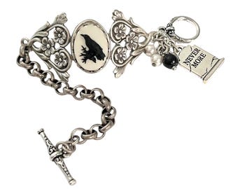 Antique Silver Gothic Raven Nevermore bracelet Edgar Allen Poe Bracelet Crow Bracelet Raven Bracelet