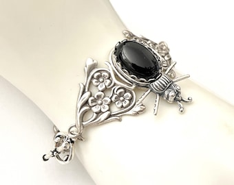 Antique Silver and Black Onyx Victorian Beetle Bracelet Victorian Onyx Bracelet Antique Silver and Black Bracelet
