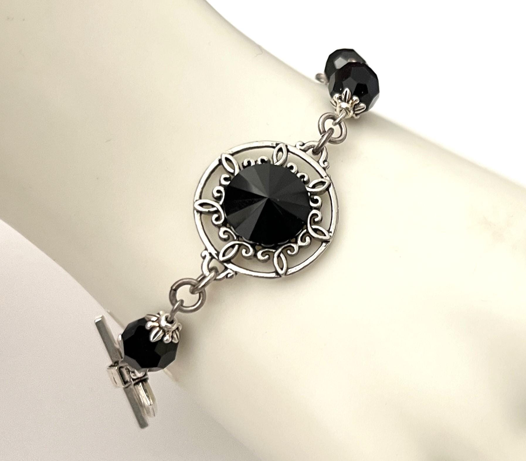 Antique Silver and Black or Sapphire Blue Czech Glass Rivoli bracelet with Art Deco toggle clasp
