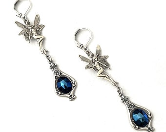 Handmade Fairy earrings Antique Silver and Blue Fairy Earrings Whimsical Earrings Antique Silver Fantasy Earrings  Dangle Earrings Goth