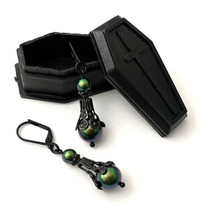 Gothic black and Scarabaeus Green,  or Irridescent Purple, Red, or Blue Swarovski Pearl earrings with hypoallergenic lever ear wires.