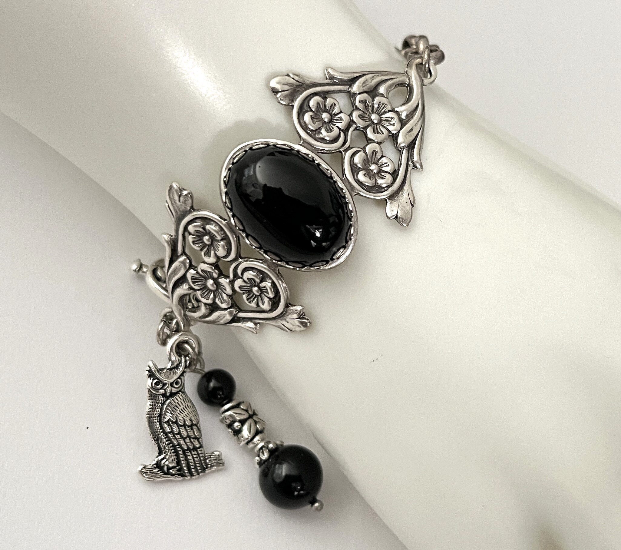 Black Onyx Bracelet Gothic Victorian Bracelet Goth Bracelet Owl Bracelet Antique Silver Gothic Victorian Bracelet