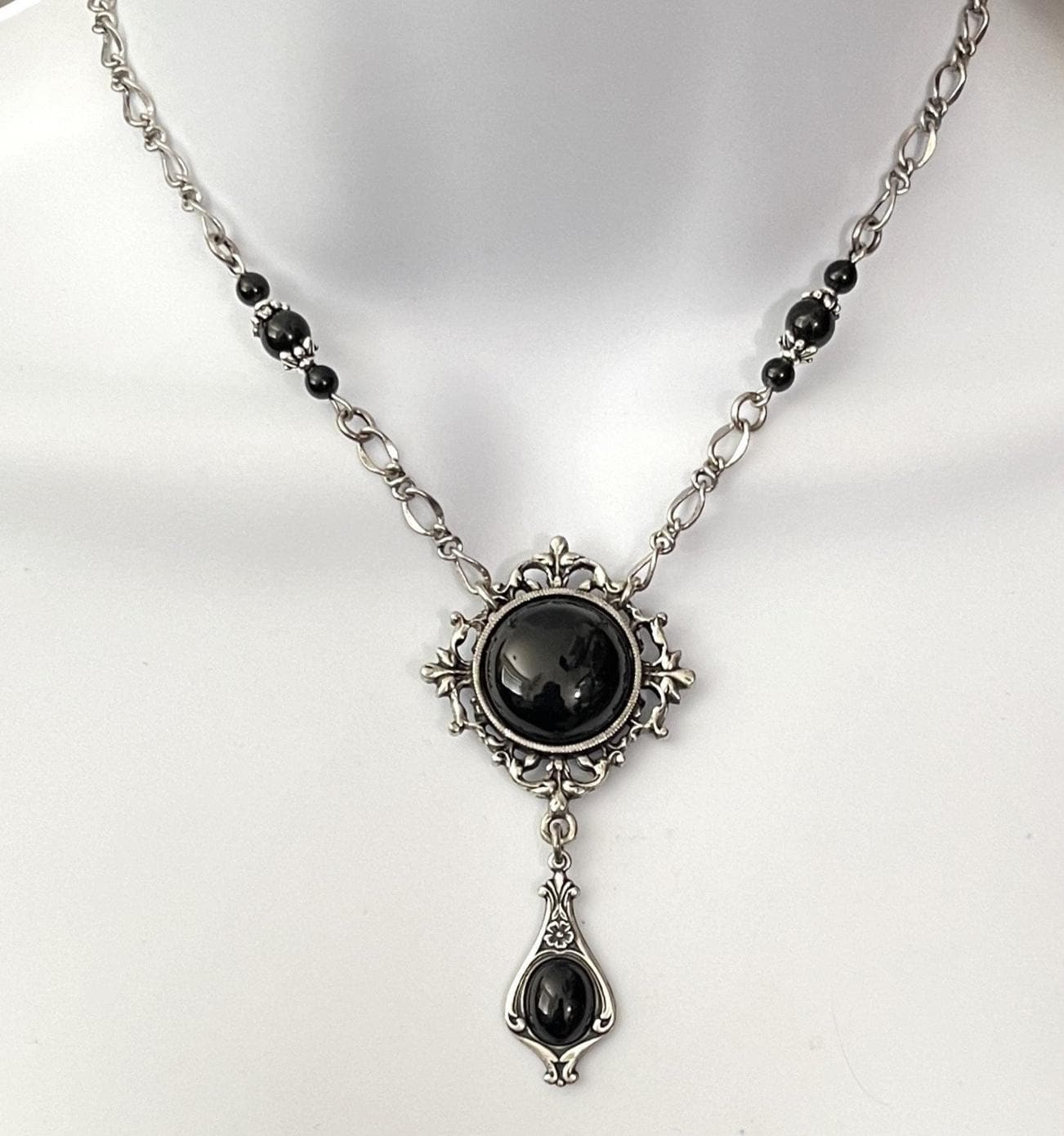 Antique Silver and Black Onyx Gothic Victorian Necklace Black Onyx 
