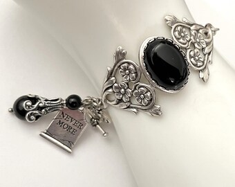 Antique Silver Gothic Victorian Bracelet Gothic Antique Silver toggle bracelet with black Onyx Cabochon and bead dangle Nevermore POE RIP