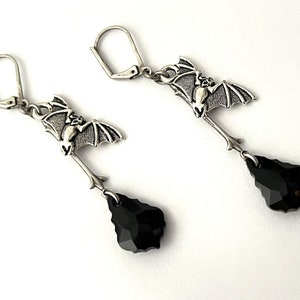 Gothic Antique Silver and Black Swarovski Baroque Crystal Earrings Antique Silver Bat Earrings Black and Silver Dangle Earrings