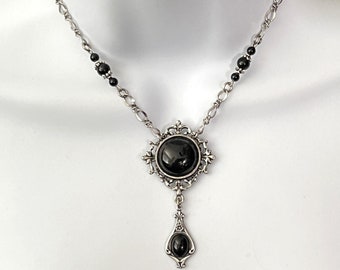 Antique Silver and Black Onyx Gothic Victorian necklace Black Onyx Necklace Antique Silver Victorian Necklace Ornate Vintage Black Necklace
