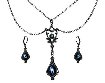 Iris Blue  and Matt Black Gothic Victorian necklace Blue and Black Victorian Necklace Dramatic Necklace Earrings Victorian gothic jewelry