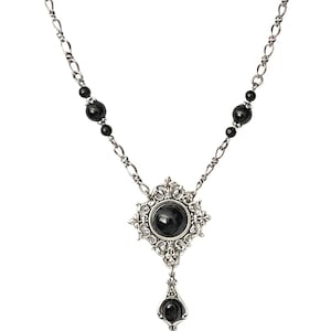 Antique Silver Brass and Black Onyx Gothic Victorian necklace Black Onyx Necklace Antique Silver Victorian Necklace Ornate Vintage Necklace