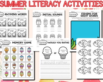 No-Prep Summer Literacy | Grade 1 | Kindergarten | Summer Review | Worksheets | Printable | Homeschool | Instant Download