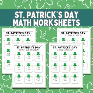 Hojas de trabajo de suma y resta de 3 dígitos del Día de San Patricio Hojas de trabajo de matemáticas del Día de San Patricio Matemáticas de 3 dígitos Sin preparación Imprimir y listo