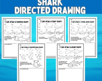 Puede incluir: Un conjunto de guías de dibujo de tiburones imprimibles. Cada guía presenta instrucciones paso a paso para dibujar diferentes especies de tiburones, incluyendo tiburones ballena. El título dice "SHARK DIRECTED DRAWING".