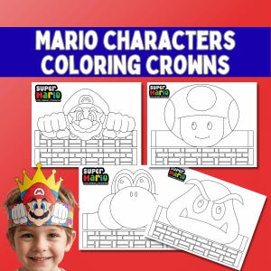 May include: A set of printable paper crowns featuring Super Mario characters for coloring. The collection includes black and white line art designs of Mario, Toad, Yoshi, and a Goomba, each with a brick pattern base and the Super Mario logo.