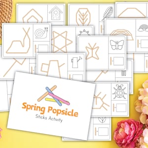 Puede incluir: Un conjunto de tarjetas de actividad imprimibles con temática primaveral que presentan imágenes de varios objetos que se crearán utilizando palitos de helado. Las tarjetas incluyen una zanahoria, un caracol, una casa, una mariposa, una mariquita, un sol, una hoja, un arcoíris, una estrella, una regadera, una flor y un paraguas. Las tarjetas están etiquetadas como "Spring Popsicle Sticks Activity".