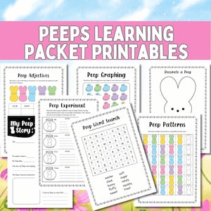 May include: A collection of printable educational worksheets with the title "PEEPS LEARNING PACKET PRINTABLES". The worksheets include activities like "Peep Adjectives", "Peep Graphing", and a word search. The color scheme is pastel with Peep-themed illustrations.