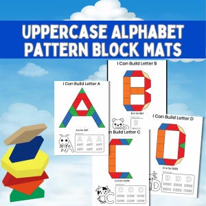 May include: Educational pattern block mats with uppercase alphabet letters. The mats feature letters A, B, C, and D, with corresponding images and words. A stack of colourful pattern blocks is on the left. The text "UPPERCASE ALPHABET PATTERN BLOCK MATS" is at the top.