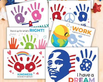 May include: Handprint art cards featuring inspirational messages like "Spread Love", "Be the Change", "Stand up for what's Right!" and "I have a Dream". The cards are decorated with handprints and other colorful illustrations.