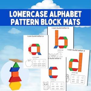 May include: Educational pattern block mats for learning the lowercase alphabet. The mats show letters A, B, C, and D, each made from colourful geometric shapes. Includes illustrations of an apple, bat, cat, and doll. A stack of wooden blocks is in the foreground.