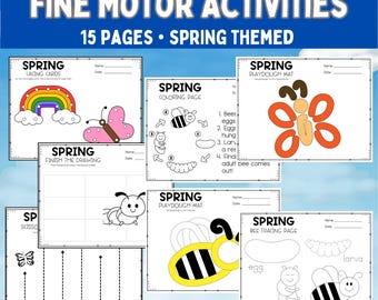 May include: A set of 15 printable spring-themed fine motor activity worksheets for kids. The worksheets feature images of butterflies, bees, and rainbows. The activities include lacing, coloring, playdough mats, and tracing.