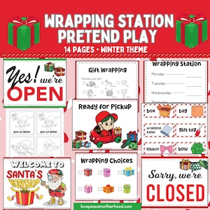 Cadeaupapier voor de feestdagen Kleuterschool Dramatisch spel Kerst Fantasiespel Cadeaus inpakken Workshop van de kerstman Vakantie Fantasiespel Activiteit