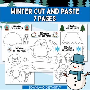May include: A printable winter-themed cut-and-paste activity with 7 pages. The pages feature outlines of a snowman, penguin, bear, and other winter elements. Text includes "Winter Cut and Paste" and "Download Instantly."