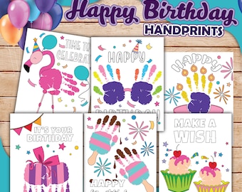 May include: Five printable cards with handprint outlines for a birthday celebration. The cards feature a flamingo, a cake with candles, a cupcake, a popsicle, and a gift box. The text on the cards reads "Time to Celebrate", "Happy Birthday", "Make a Wish", "Happy Birthday", and "It's Your Birthday".