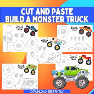Peut inclure: Une feuille d'activité imprimable colorée avec le texte "CUT AND PASTE BUILD A MONSTER TRUCK". La feuille présente divers modèles de monster trucks, dont un camion vert, un camion de crème glacée et un camion de police, ainsi que des roues et des pièces de camion à découper.