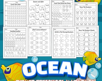 Ocean Themed Preschool/ Kindergarten Learning Bundle, Ocean Printable Math Activity, Homeschool Activity, Preschool Math Activity