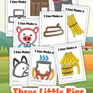 May include: A set of printable playdough mats featuring the story of the Three Little Pigs. Each mat has a picture of a pig, a wolf, a house, and a pot of hot water. The mats are designed to help children learn about the story and practice their fine motor skills.