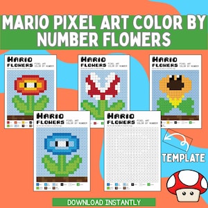 Mario Color by Number Flowers Mario Pixel Art Activity for Kids Kids Activities Mario Birthday Party Favor Printable Coloring Pages