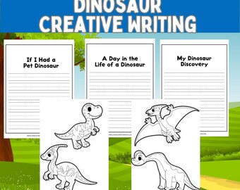 May include: A collection of printable dinosaur-themed creative writing worksheets. The worksheets include prompts like "If I Had a Pet Dinosaur" and "A Day in the Life of a Dinosaur." The image also features dinosaur illustrations and the text "DOWNLOAD INSTANTLY."