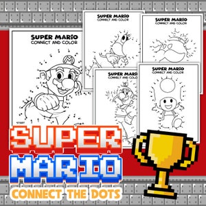 Può includere: Un set di quattro pagine da colorare Super Mario stampabili per unire i puntini con Mario, Luigi, un fungo e un Goomba. Le pagine sono in bianco e nero e hanno numeri e lettere per guidare l'utente a unire i puntini. L'immagine include anche un trofeo dorato pixelato.