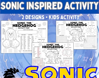 May include: A printable activity mat featuring Sonic the Hedgehog. The mat includes a color by code, word scramble, word search, connect the dots, and maze activity. The mat is black and white and features Sonic the Hedgehog and his friends.