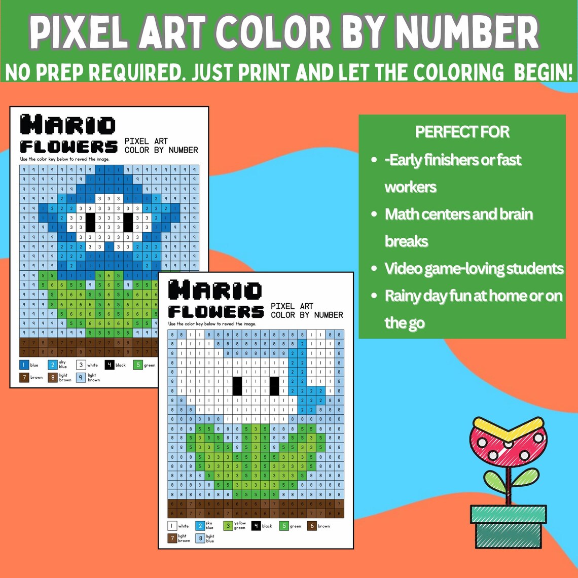 Mario Color by Number Flowers Mario Pixel Art Activity for Kids Kids