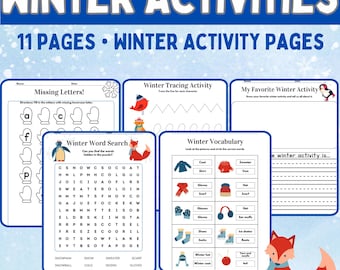 May include: A set of 11 printable winter activity pages for kids. The pages feature a variety of activities, including a word search, a tracing activity, a vocabulary activity, and a missing letters activity. The pages are decorated with winter-themed illustrations, such as penguins, foxes, and mittens.