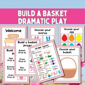 Puede incluir: Un conjunto de materiales imprimibles para juegos dramáticos con temática de Pascua. El conjunto incluye letreros con texto como "Construye una cesta" y "Elige tus extras". También hay formularios de pedido y listas de precios. La combinación de colores es principalmente rosa y blanco.