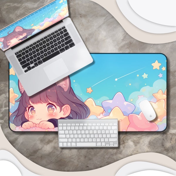 Chibi Cat Girl Desk Mat Featuring Stars, Clouds, and Pastel Colors - Kawaii Star Mouse Pad