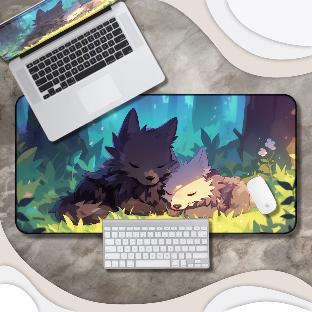 Forest Wolfs Desk Mat - Woodland Wolves Blue Green Aesthetic Desk Decor ...