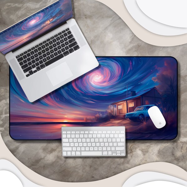 Galaxy Lakeside Desk Mat - Galactic Adventure on the Night Sky - Cosmic Lake Scene Mouse Pad - Lakeside retreat Mat - Painting Desk Decor