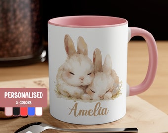 Personalised Watercolor Rabbit Cup - Valentines Day Gift - For Her - Pink Handle Mug - Easter Gift - Dishwasher Safe - Multiple Colors