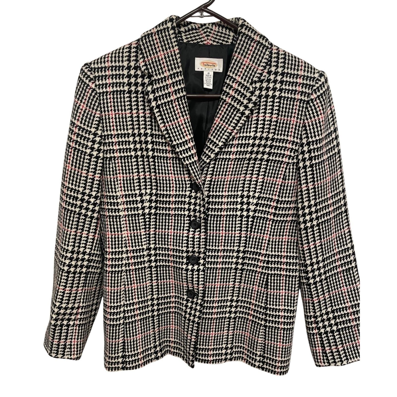 Talbots Vintage Blazer 10P 1990s Wool Houndstooth Plaid Ivory Black Red EUC