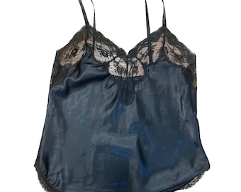 Vintage Barbizon Black Satin Lace Trim Camisole Top Medium
