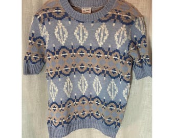 You and i Women Blue Tan Geometric Knit Short Sleeve Sweater Top Size S