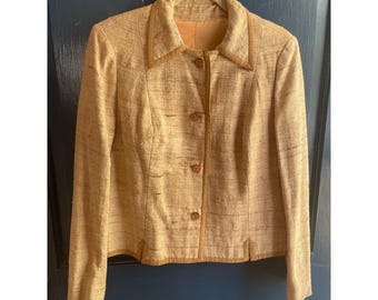 Vintage Beige Blazer Jacket Textured Fabric Contrast Trim Baron Peters Large