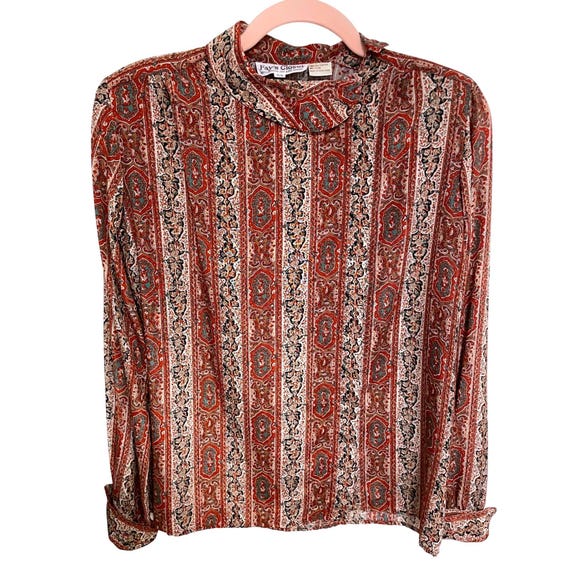 Vintage Paisley Striped Blouse Terracotta Teal Long Sleeve Fays Closet Small/6