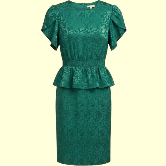 Vintage Dress 80s Green Blue Jacquard Peplum Midi Samantha Black Medium