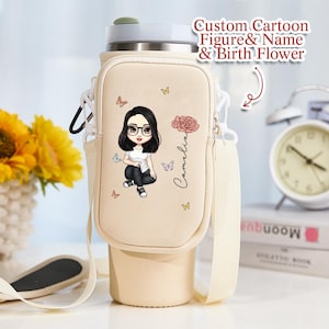 Aangepaste cartoon geboortebloem beker – gepersonaliseerde naam en personage 40 oz draagtas – verjaardagscadeau voor haar – waterdicht zakje