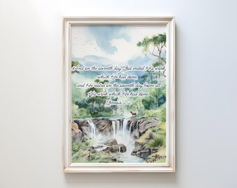 Genesis 2:2 Ai Digital Wall Art in White, Bible verse wall art, Digital Download Wall Print, Printable Art, Landscape, Home Decor, Scripture