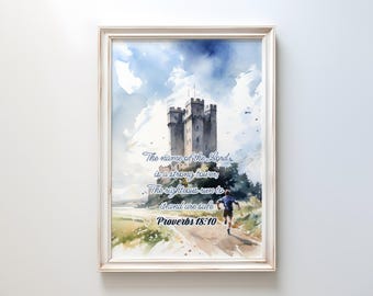 Proverbs 18:10 Digital Wall Art, Bible Verse Art, Digital Download Print, Printable, Landscape, Home Decor, Scripture, Watercolour Painting